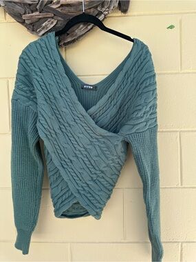 BTFBM Women's Teal Cable Knit Wrap Sweater